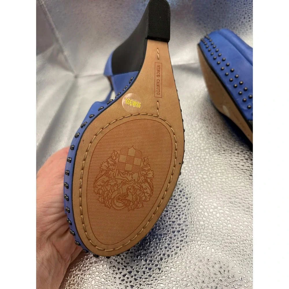 Vince Camuto Waylin Blue Leather Studded Platform Wedge Sandals Womens 9.5 M